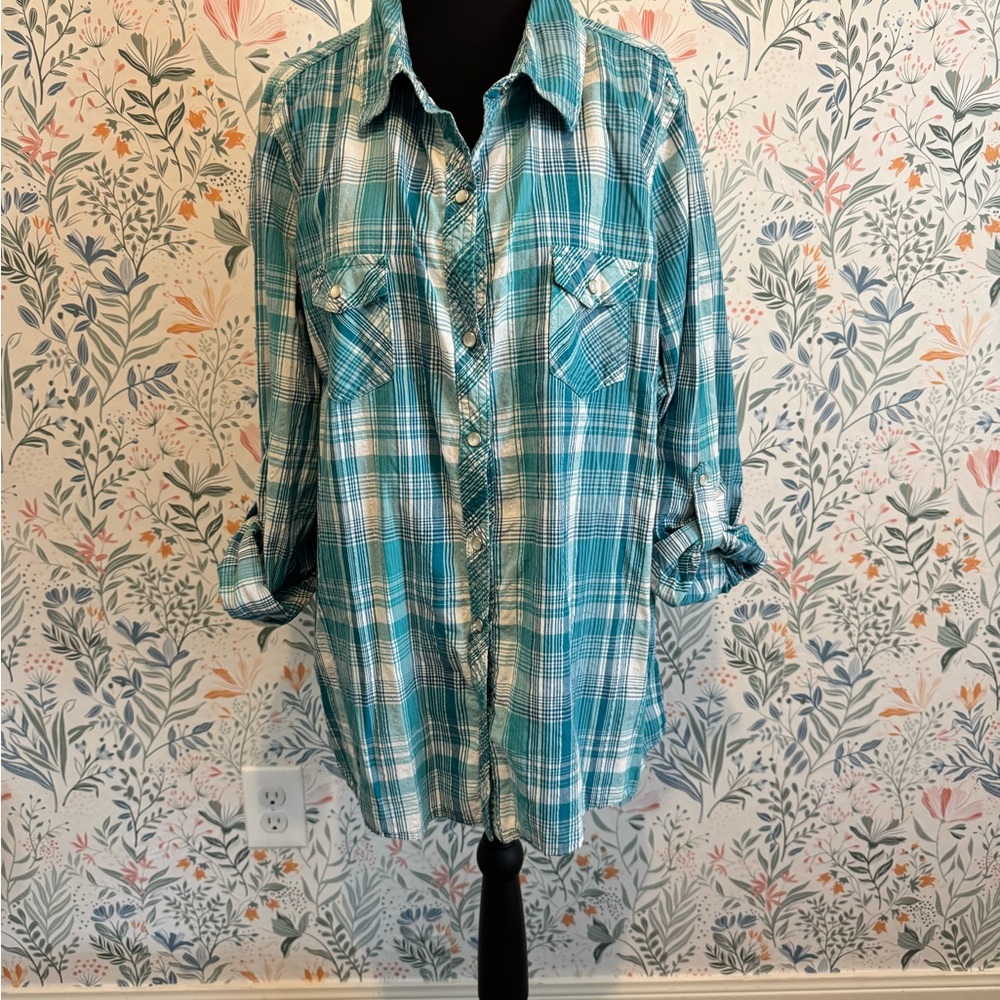 Faded Glory Turquoise Plaid Shirt